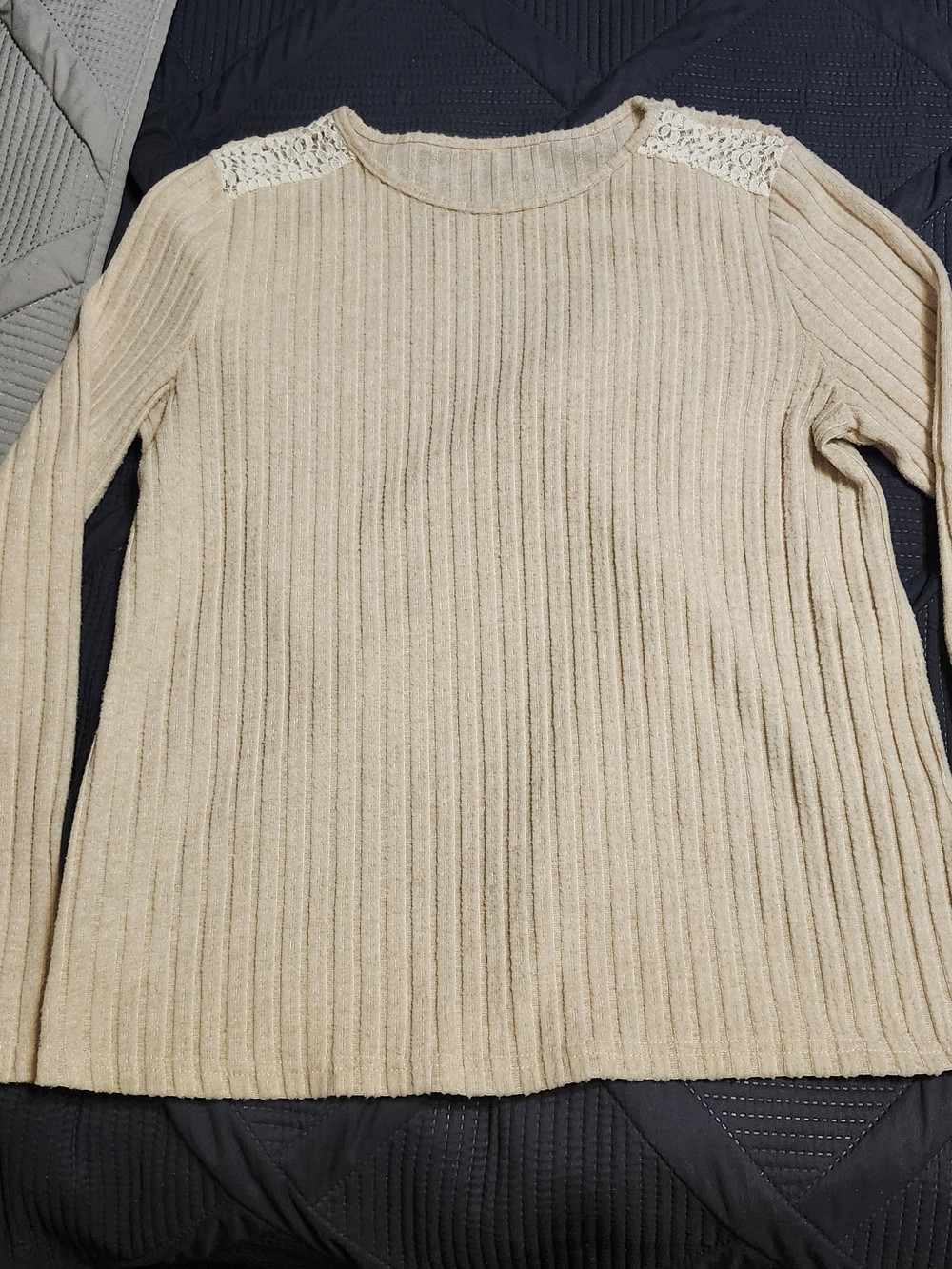 Beige Ribbed Lace-Shoulder Women's Sweater